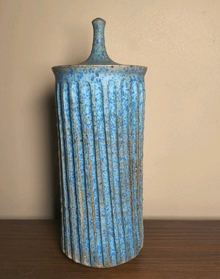 Vintage Tom McMillin Signed StudiocArt Pottery Jar Blue Fluted Stoneware 12''Tall