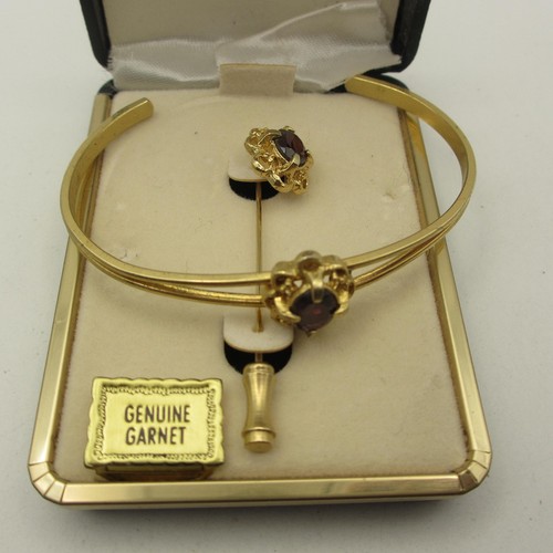 Vintage Garnet Bracelet Stick Pin Set Open Cuff Gold Tone