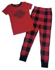 Harley-Davidson Little Girls' 2-Piece Bar & Shield Tight Fit Plaid Pajamas Set