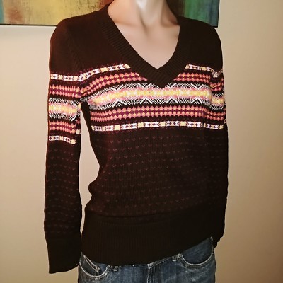 Faded Glory Brown Jacquard Langärmelig Klein Sm Pullover Top Shirt Neu