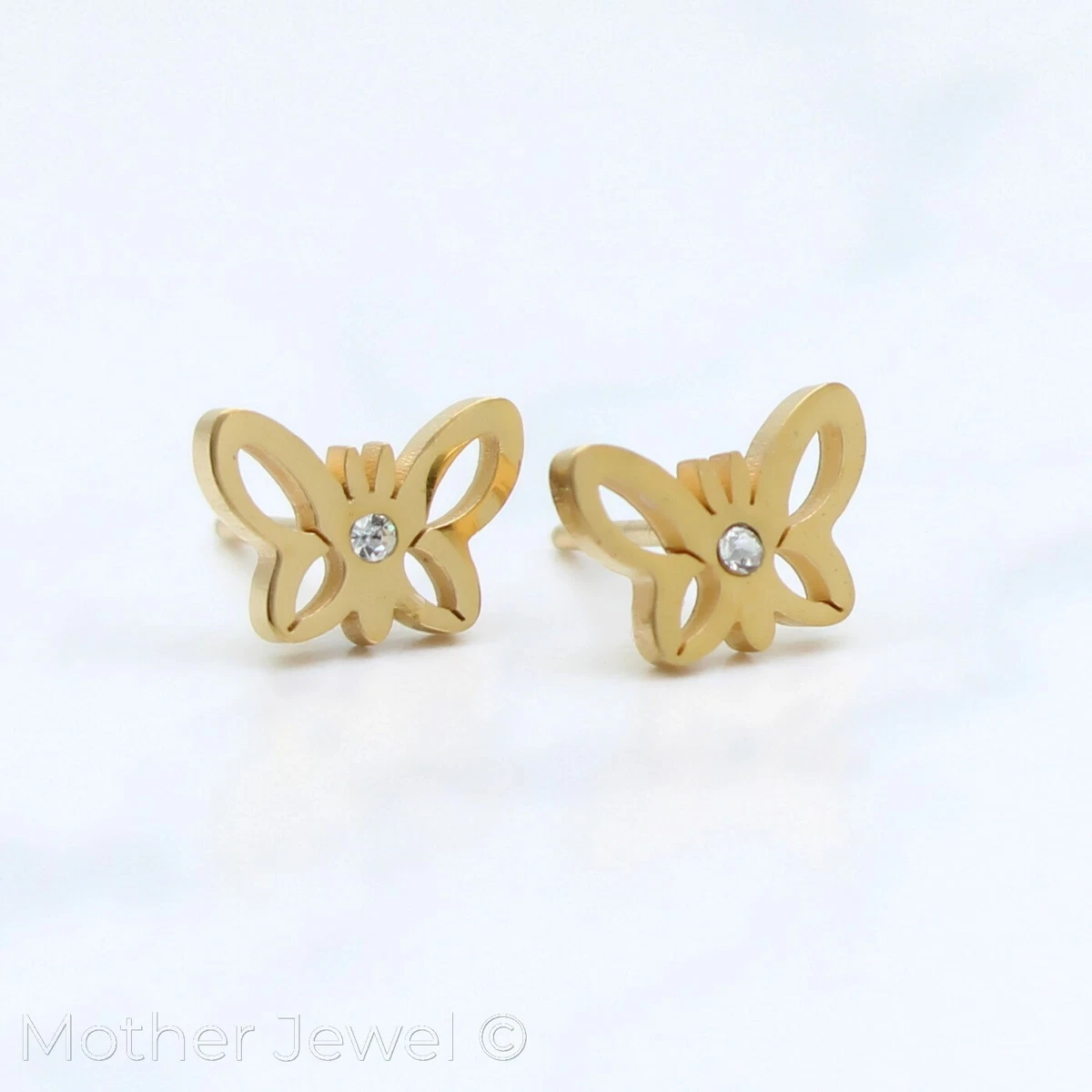 YELLOW GOLD TRIPLE PLATED SURGICAL STEEL BUTTERFLY STUD WOMENS GIRLS EARRINGS