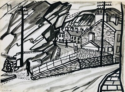 Studie eines walisischen Dorfes von David Smith. Mit Col., Feder & Tinte datiert 1955