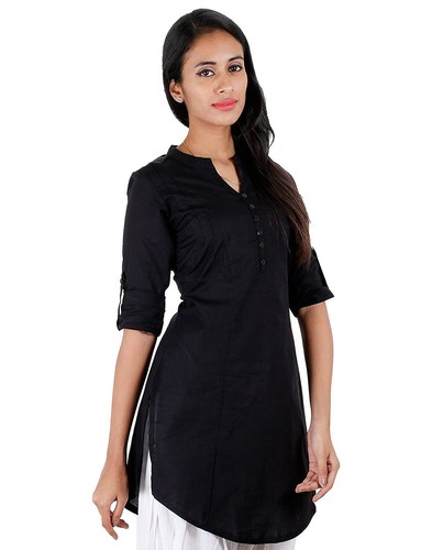 Cotton Kurta For Women 3/4 Sleeve Solid Black Regular Kurti Dress - Picture 4 of 14