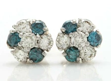 1.20 Carat Natural Blue and White Diamonds in 14K Solid White Gold Stud Earrings