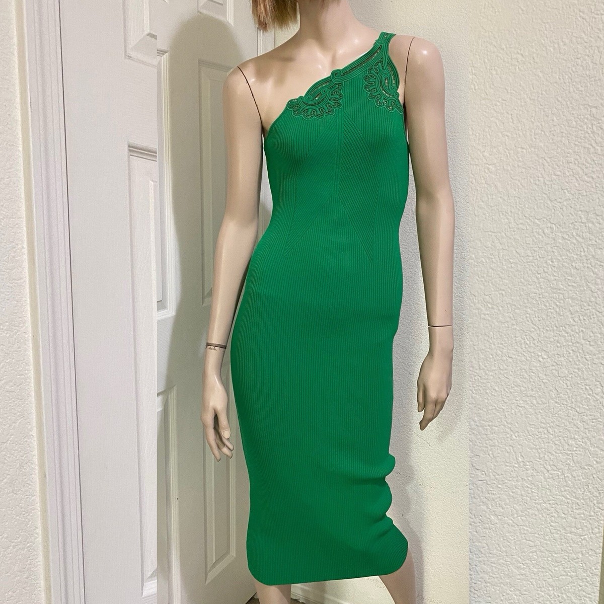 SELF-PORTRAIT Bright Green One Shoulder Ribbed Knit Bodycon Midi