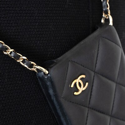 71441 auth CHANEL black leather IPHONE 13 PRO MAX Case w Pearl