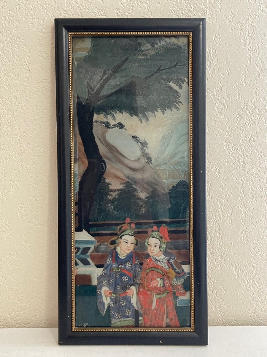 Antique Chinese Reverse Glass Painting of 2 Figures in Landscape 