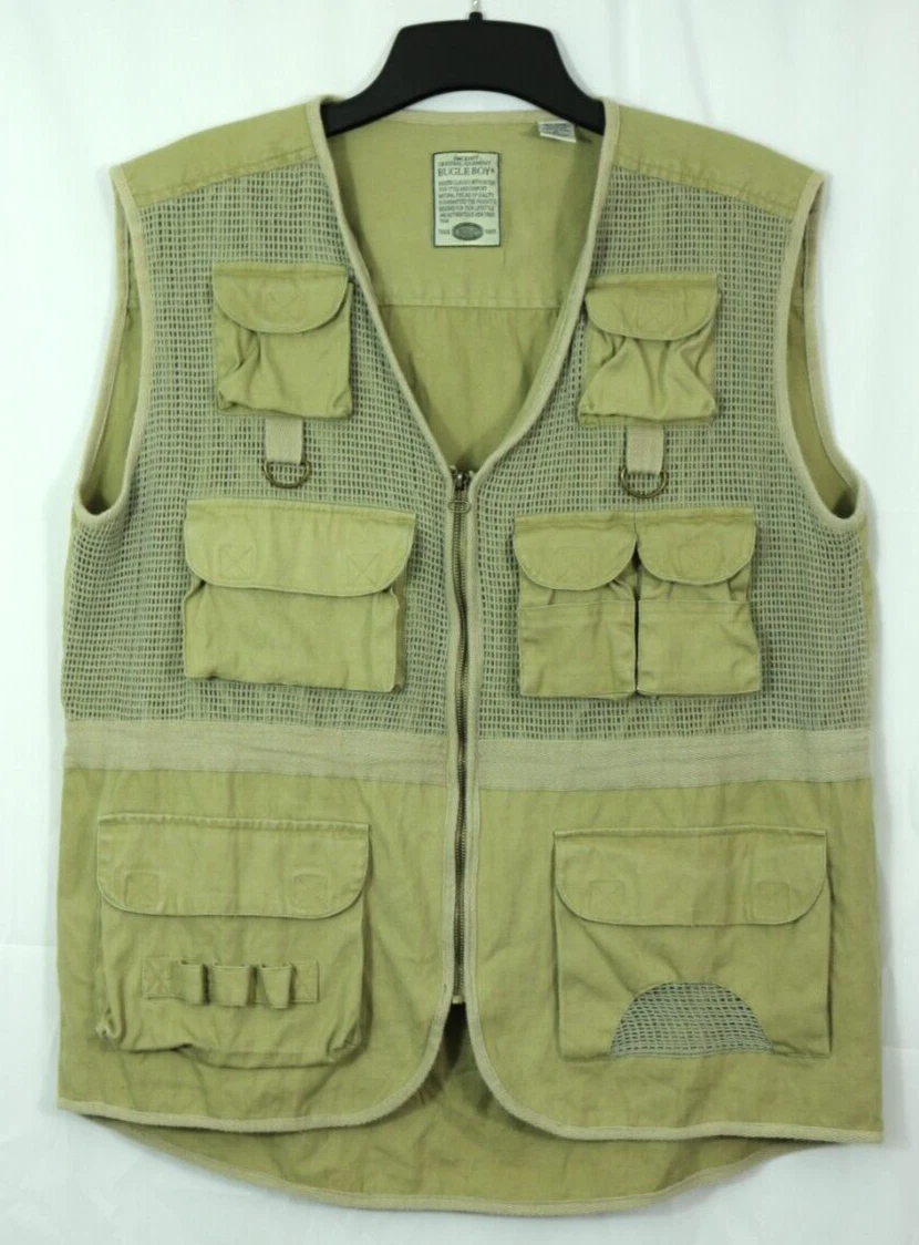 Vintage Bugle Boy XL Khaki Fishing Safari Hunting Vest Multi Pocket Canvas