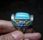 Rare Old Chinese Cloisonne Silver Inlay turquoise Gem Flower Jewelry Figure Ring