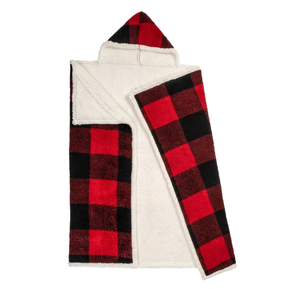 Hooded throw wearable blanket red buffalo plaid reversible sherpa - Image 2 of 3