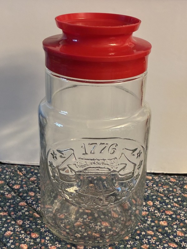 Vintage Anchor Hocking 1776 Liberty Bell Glass Jar with Red Lid