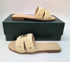 Holland Cooper Monogram Slides Women's Canvas Sandals UK 5 Natural Straw