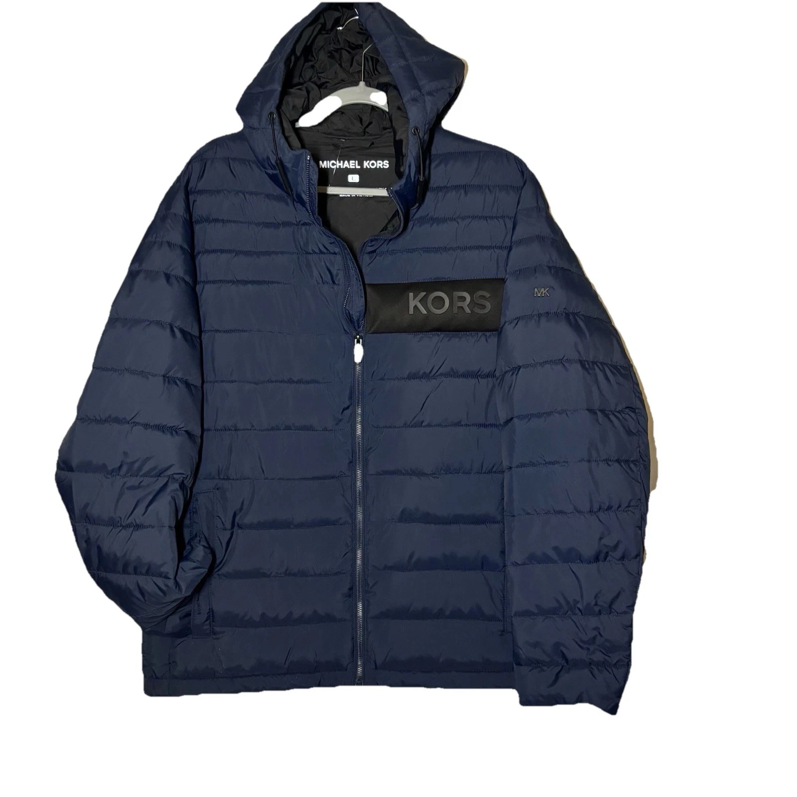 New Michael Kors Men Large Blue Zip Packable Puffer Jacket Hooded Quilted Pocket