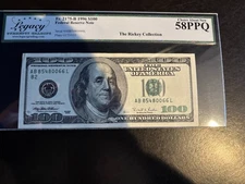 DBR 1996 $100 FRN New York Fr. 2175-B Legacy 58 PPQ Serial AB85480066L