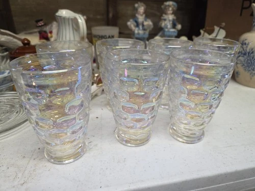 Vintage Rare set of 7 Federal Glass Colonial Iridescent Thumbprint Tumblers 10oz