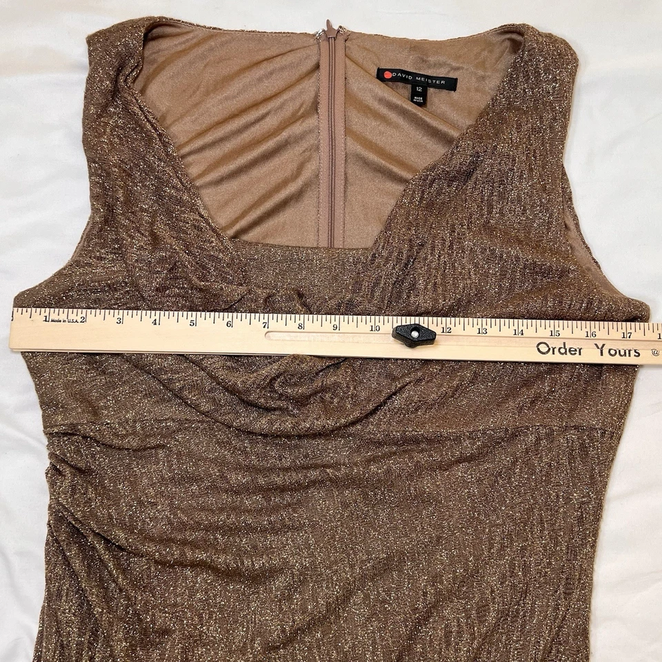 David Meister Dress Size 12 Metallic Copper Shimmer Cowl Neck Cocktail Long Gown - Image 3 of 4