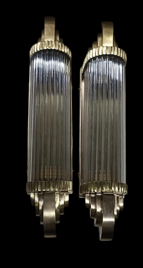 2 VINTAGE ART DECO GLASS ROD BRASS WALL LIGHT FIXTURE WALL SCONCE SKYSCRAPER #57