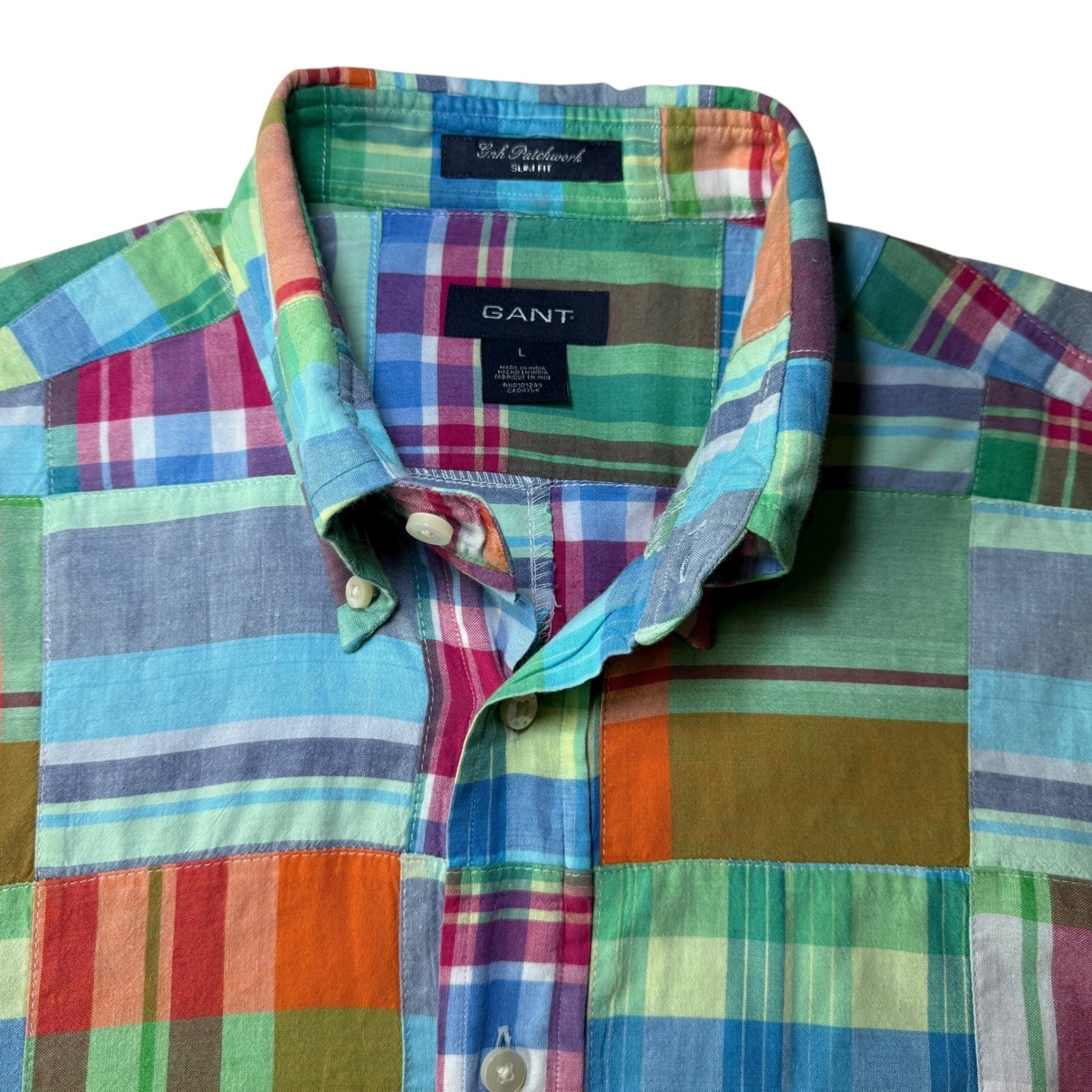 GANT Patchwork Madras Plaid Shirt Men's Large Slim Fit Button Down Cotton