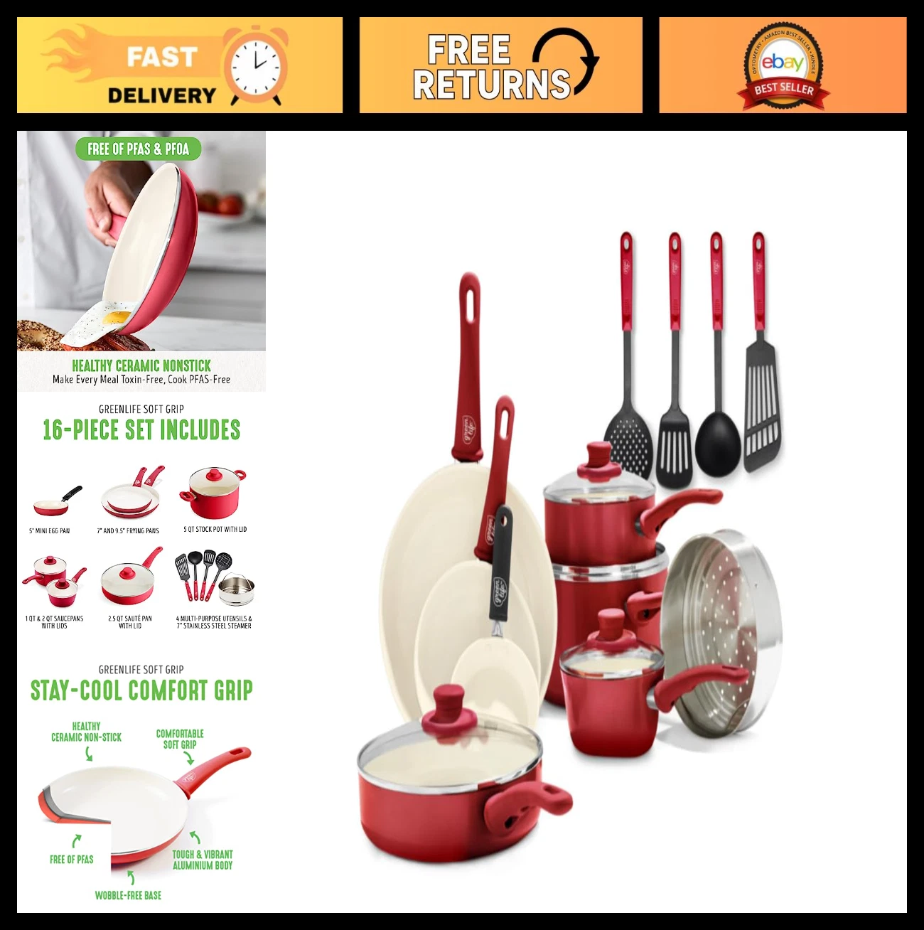 16-Piece Nonstick Cookware Set - PFAS-Free Ceramic Pots & Pans, Soft Grip, Dishw