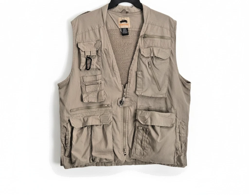 Humvee Mens Large Safari Vest Khaki Tan Photo Fishing Hunting Multi-Pocket Large