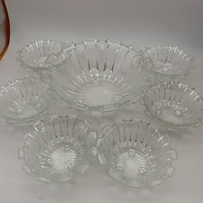 Vintage Pressed Glass Trifle Set Bowl & 6 Dishes Star Tripod Art Deco