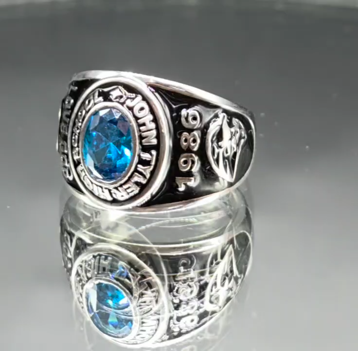 Men High School Class Ring For Custom Year Name, Logo, Gemstone