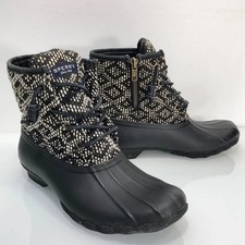 Sperry Black White Diamond Print Waterproof Lace Up Duck Boots Size 6