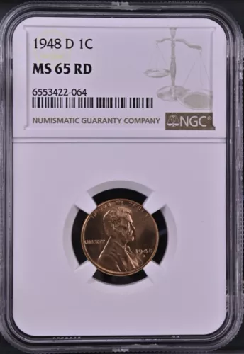 1948-D 1C RD Lincoln Wheat One Cent NGC MS65RD   6553422-064