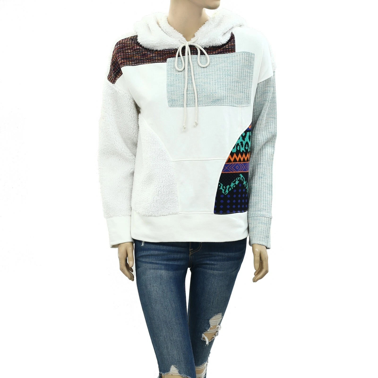 OFF WHITE Felpa con cappuccio Daily Practice by Anthropologie oversize patchwork XS nuova 226074