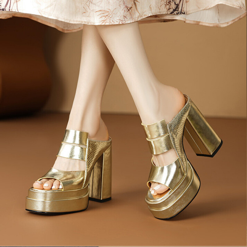 PANTOFOLA D’ORO Pantofole da donna estive in pelle punta tonda plateau tacco a blocco US 5 8