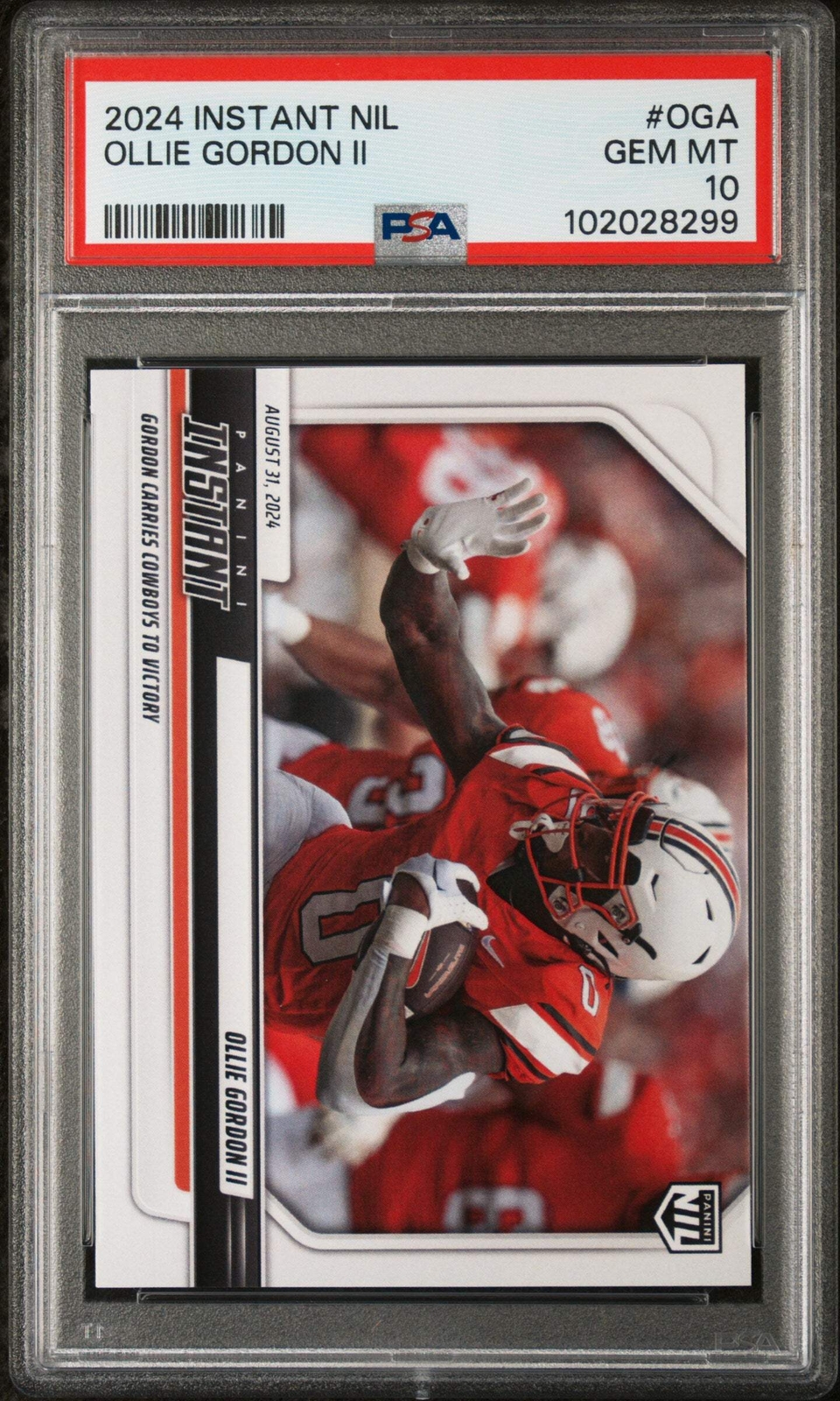Graded 2024 Panini Instant NIL Ollie Gordon II #OGA Rookie Football Card PSA 10 view 1