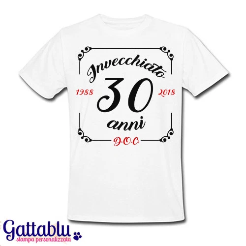 T-shirt uomo compleanno Invecchiato 30 anni D.O.C., PERSONALIZZABILE,  bianca