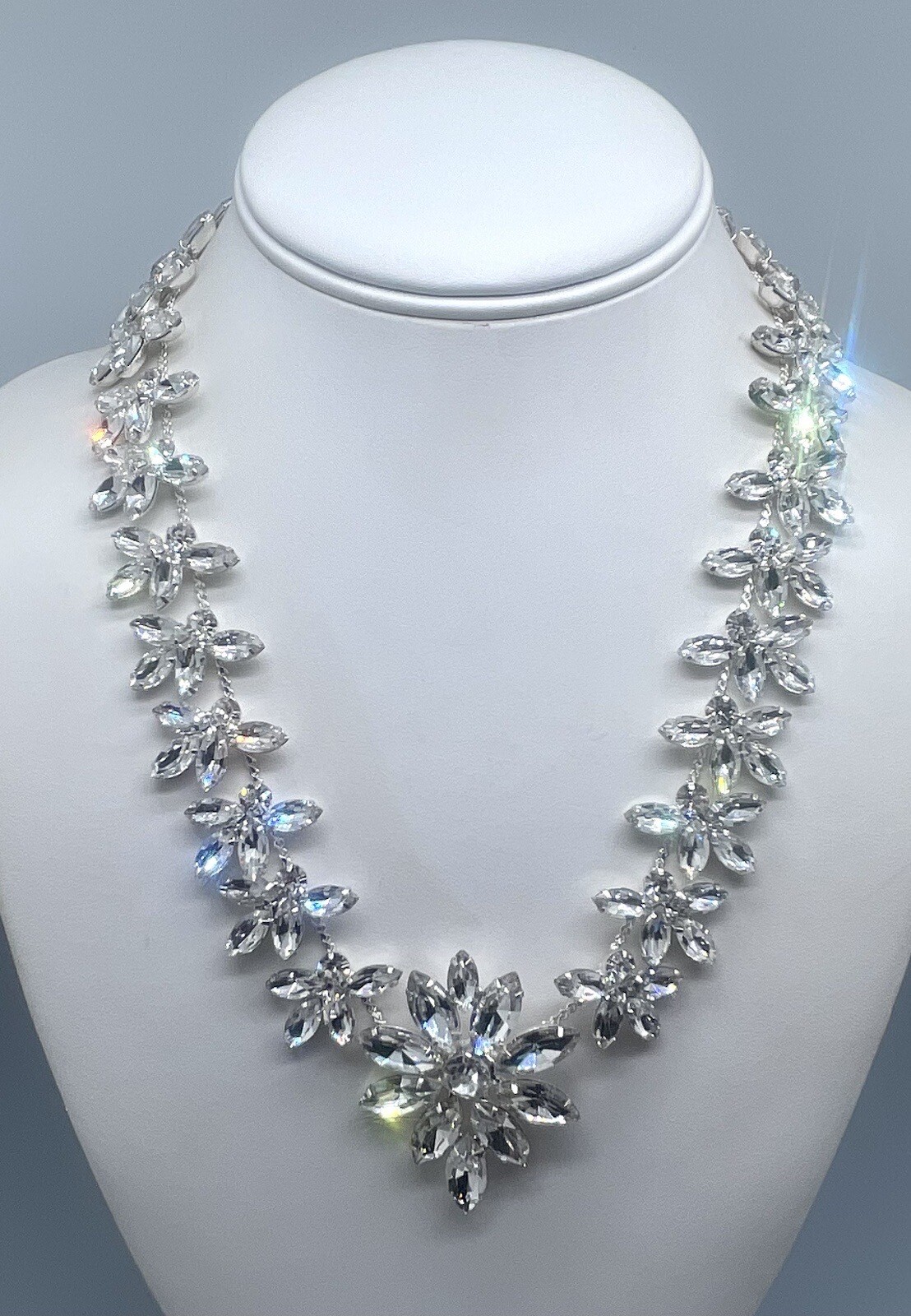Silver Tone White Rhinestone Statement Necklace - image 1