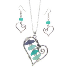 Sea Glass Heart Pendant Necklace and Earrings Set Silver