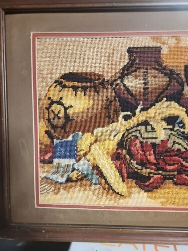 Sunset Needlepoint 6224 “Ntive Am Still Life” 14x18 1982 Vintage Finished - Picture 2 of 5