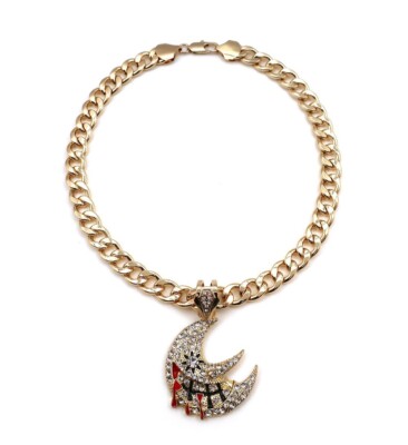 Mens Soul Eater Moon Pendant Cuban Link Chain 18'' to 30'' inches 14k Gold Plated