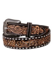 Circle Y Western Belt Buckstitch Floral Tooled Brown Tan White 2014-BT