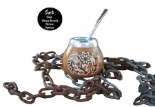 Argentina Mate Gourd Hand Made Natural Tea Cup Straw Spoon Yerba Mate Carving