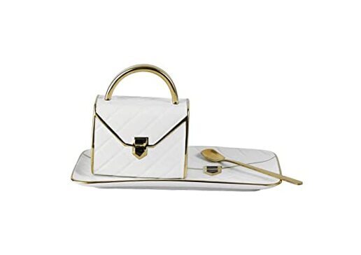 Handbag-Shaped Creative Ceramic Mug With Saucer Porcelain Tray & Spoon White-image
