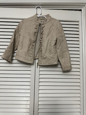 Mayoral Girls Cream Off White Faux Leather Moto Zip Jacket Ruffles Size 3T