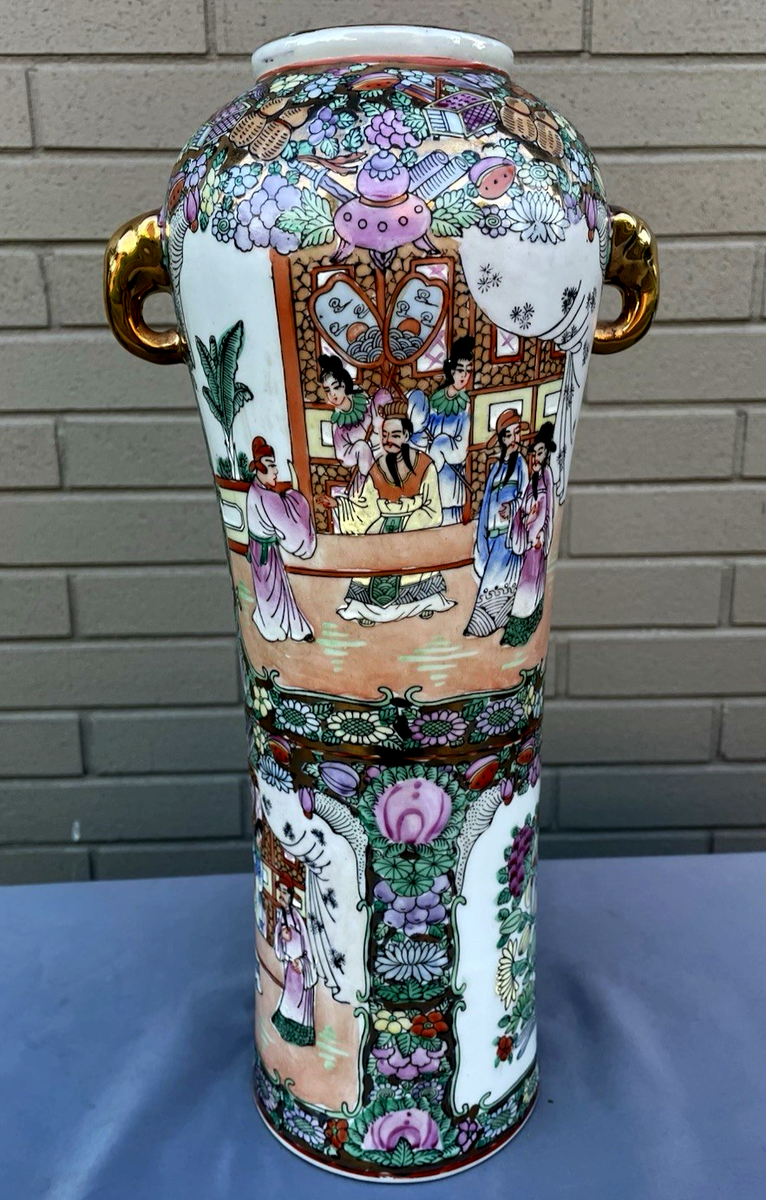 Chinese Qianlong Famille Rose 17” Porcelain Vase w/ Elephant Trunk