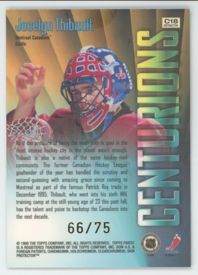 1998-99 TOPPS FINEST Jocelyn Thibault CENTURIONS REFRACTOR C18 /75 - Image 2 of 2