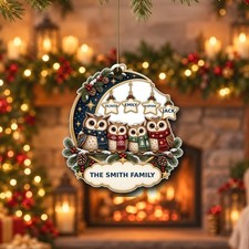 Personalised Christmas Bauble Owl Family 4 Names Moon Acrylic Decoration Gift