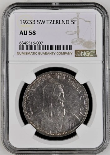 SWISS 1923 B Switzerland 5 Franc NGC AU 58 - Silver Coin KM # 38 Almost UNC