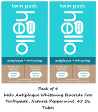 hello Antiplaque Whitening Fluoride Free Toothpaste, Natural Peppermint, 4 Pack