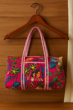 Bolso de Lona de Algodón Frida Kahlo Hecho a Mano | Bolso de Viaje Rosa Arte Popular