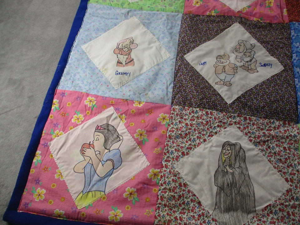 Handmade Quilt Throw Blanket Snow White Seven Dwarfs Patchwork Fleece Back Blue - Image 3 of 4