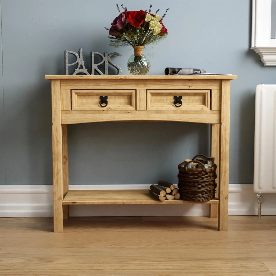 Corona 2 Drawer Console Table Shelf Mexican Solid Pine Wood Waxed Rustic Finish - Image 3 of 4