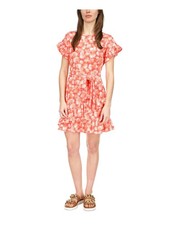 MICHAEL MICHAEL KORS Womens Orange Tie Waist Short Sleeve Short Dress S