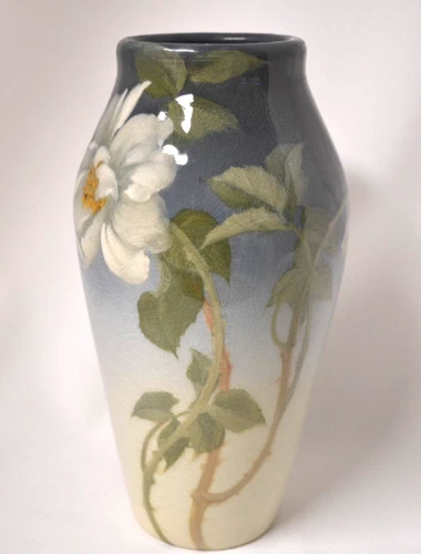Rookwood Pottery Floral White Wild Rose 7 3/4" Iris Glaze, Rothenbusch Flame Mk.